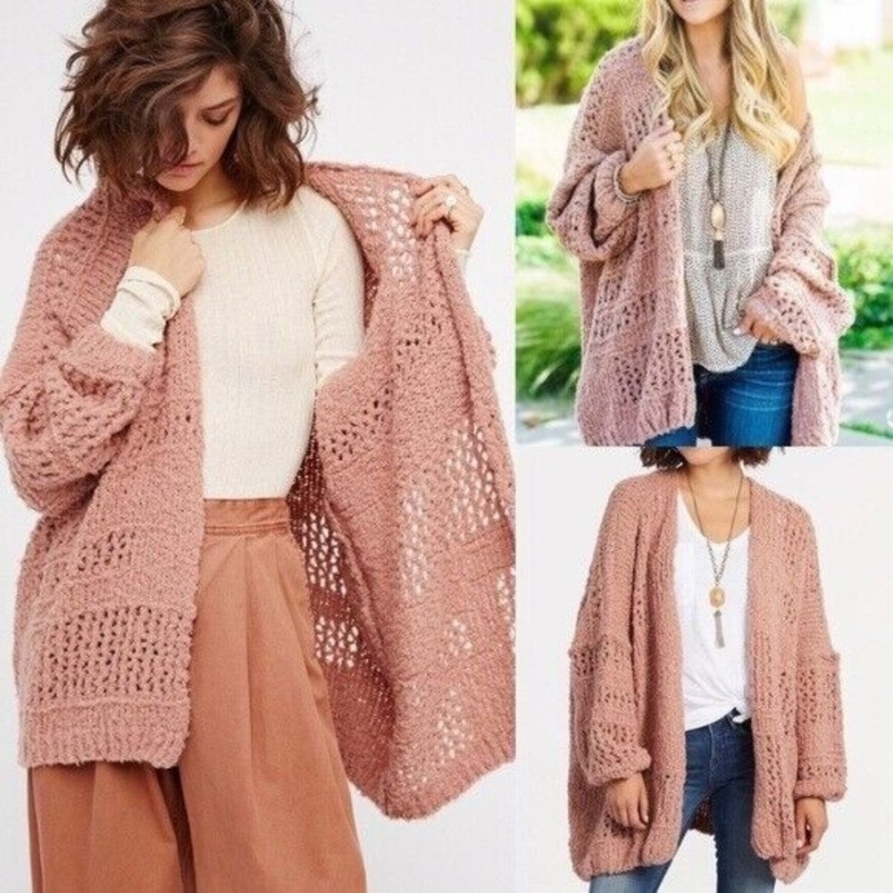 NWT FREE PEOPLE Saturday Morning Chunky Open Knit Cardigan Dusty Rose S XS NEW